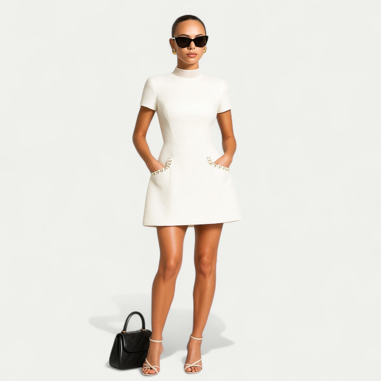 Damen Verziertes Minikleid - Perlenbesatz am Ausschnitt & Taschen
