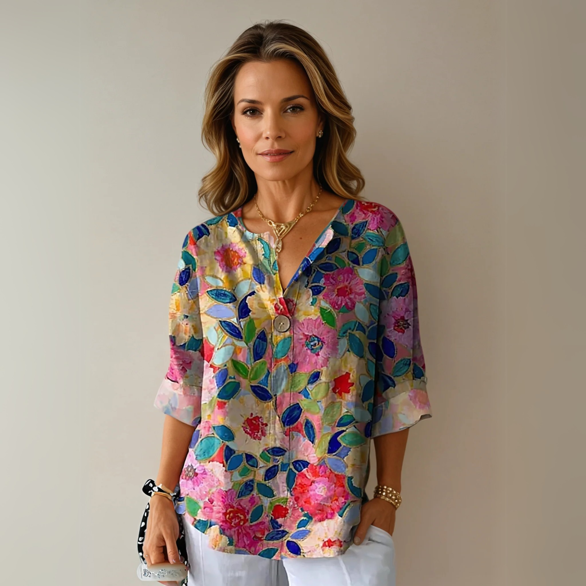 Damen Bluse Blumenmuster und Knopfdetail