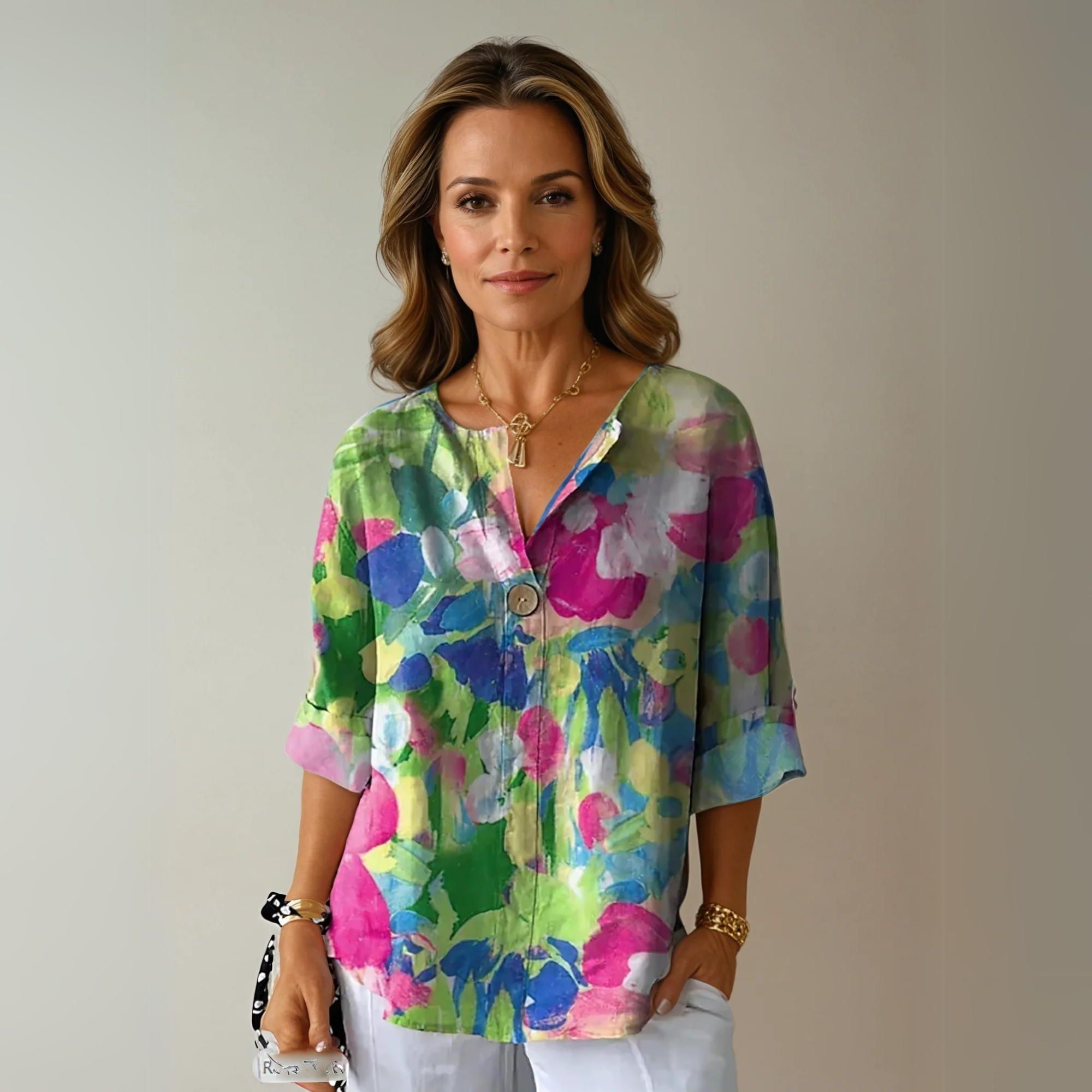 Damen Bluse Blumenmuster und Knopfdetail