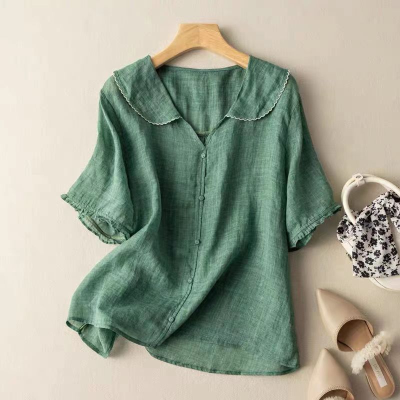 Damen Vintage Leinenbluse Peter-Pan-Kragen und Knopfdetail