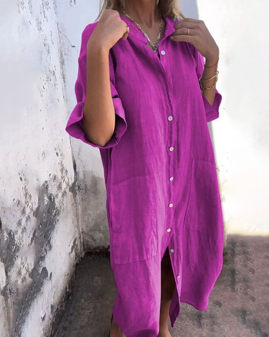 Damen Lässiges Hemdblusenkleid Halblange Ärmel und Knopfleiste