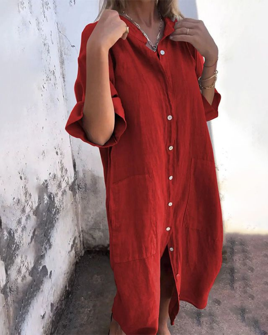 Damen Lässiges Hemdblusenkleid Halblange Ärmel und Knopfleiste