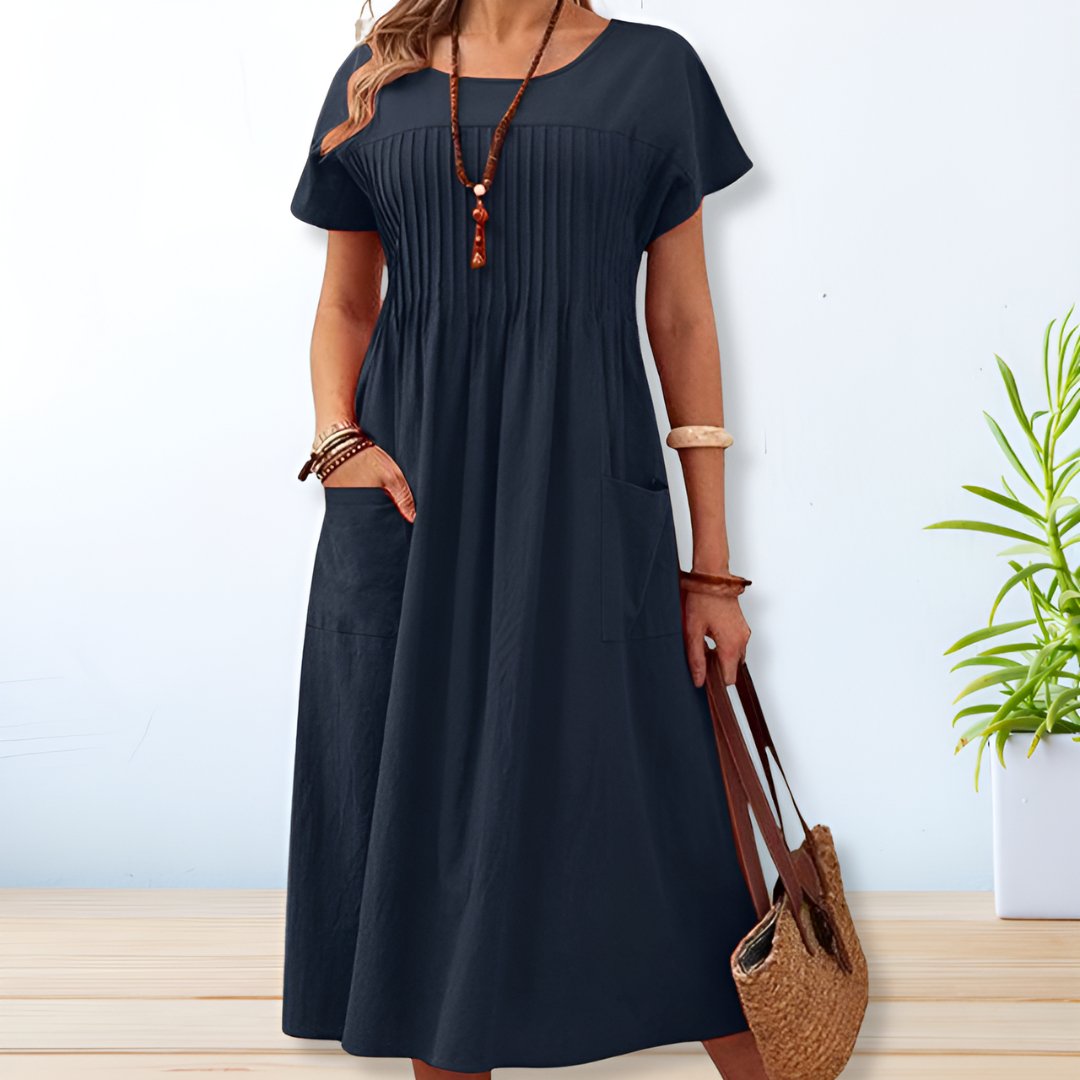 Damen Plissiertes Midikleid Kurzärmlig mit Seitentaschen