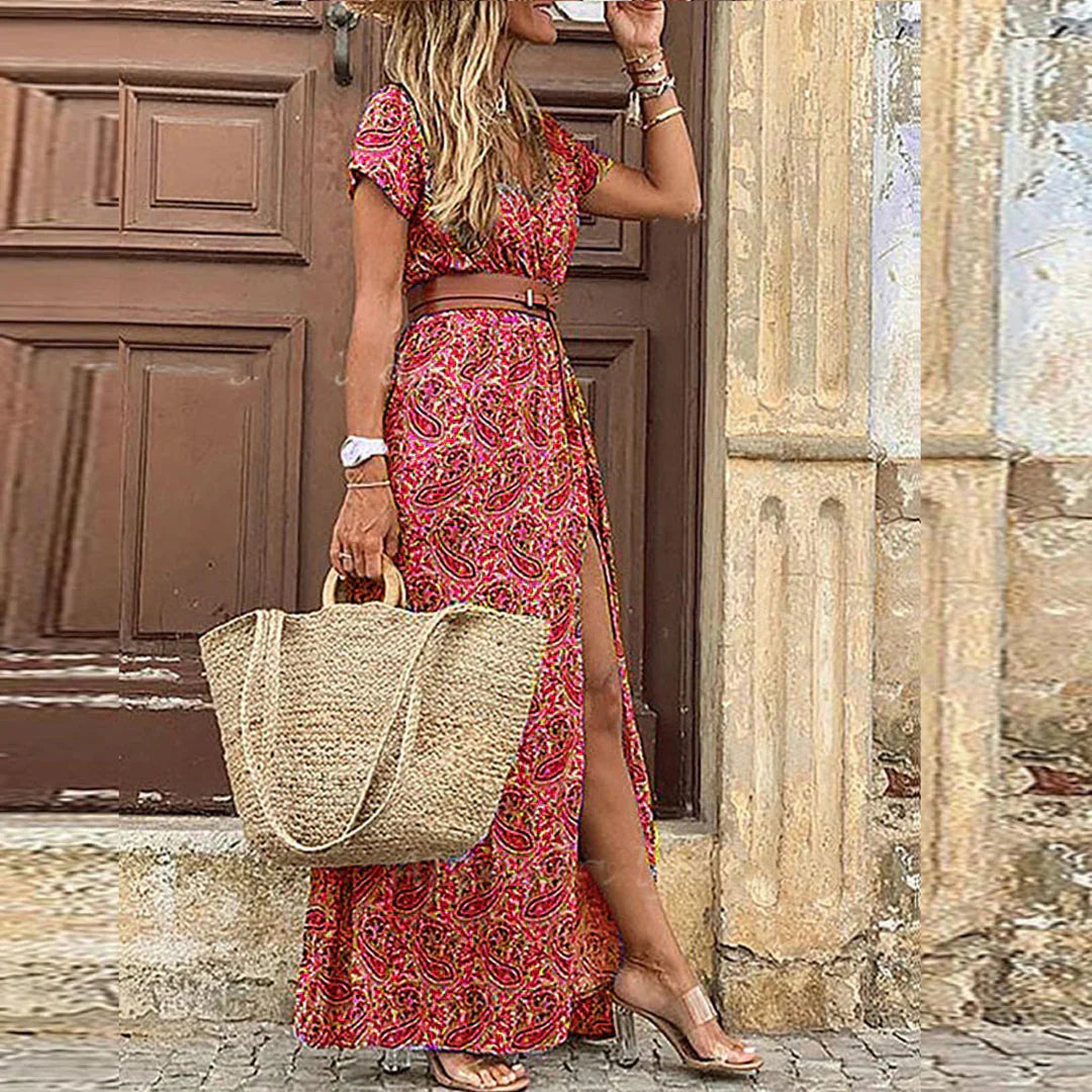 Damen Luftiges Boho Maxikleid Kurzärmlig mit Beinschlitz Detail