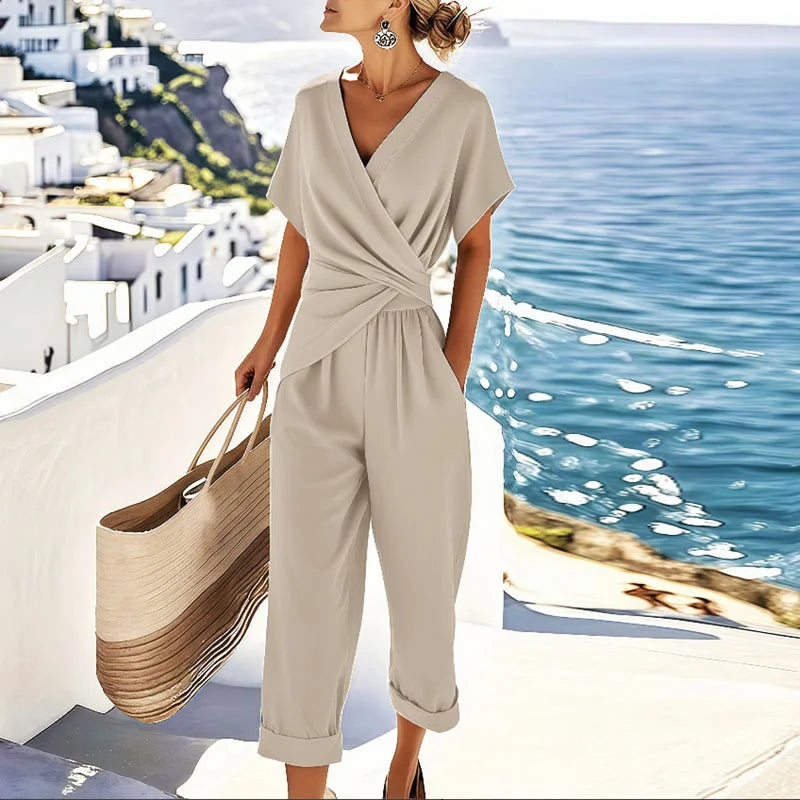 Damen Elegantes Zweiteiler Set mit Wickeloberteil und Verkürzter Hose