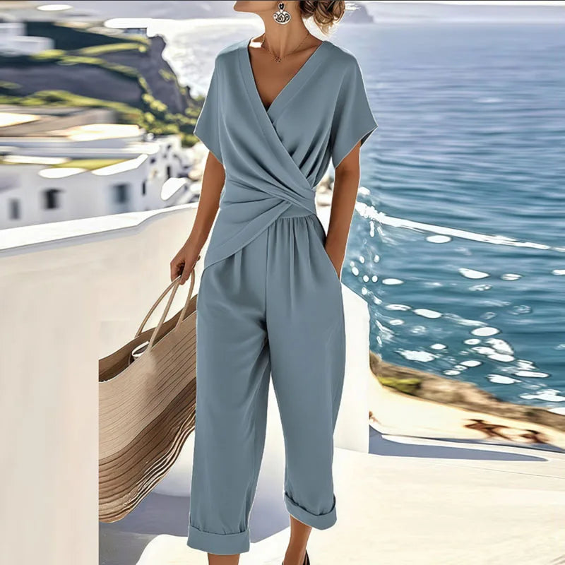 Damen Elegantes Zweiteiler Set mit Wickeloberteil und Verkürzter Hose
