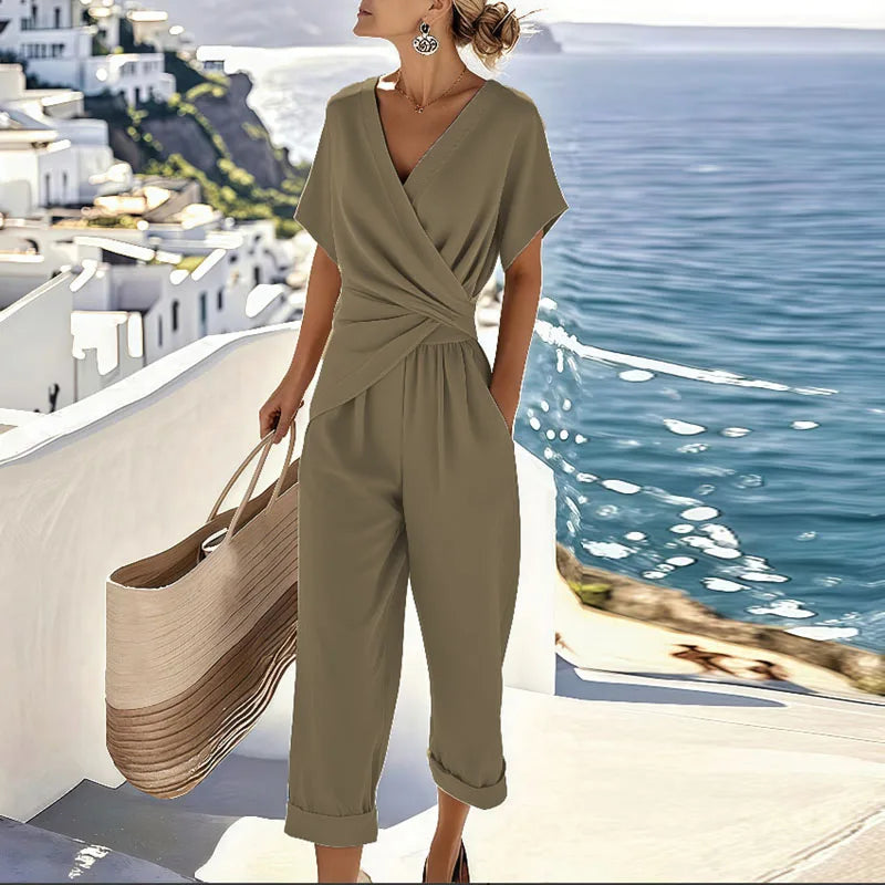 Damen Elegantes Zweiteiler Set mit Wickeloberteil und Verkürzter Hose