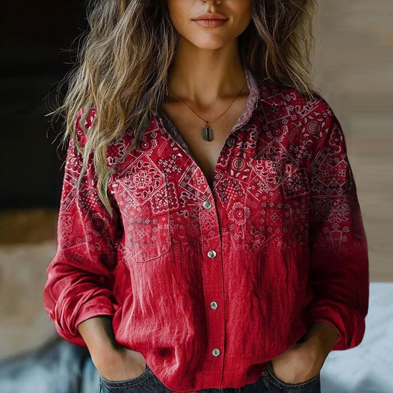 Damen Muster-Bluse Klassischer Kragen und Knopfleiste