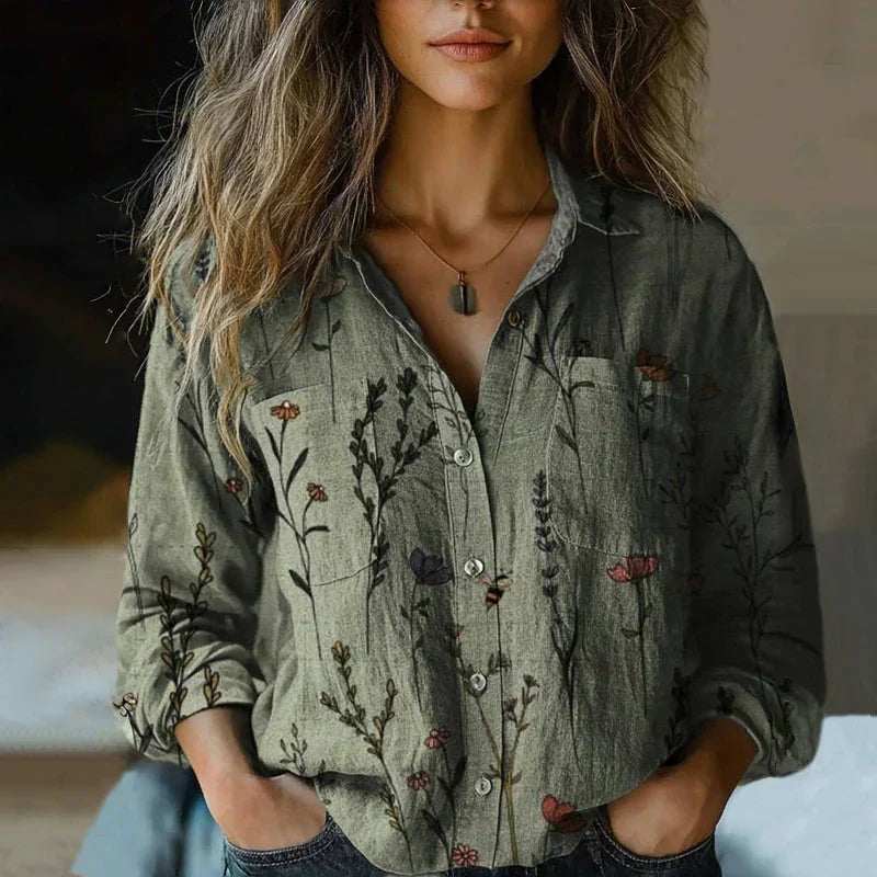Damen Muster-Bluse Klassischer Kragen und Knopfleiste