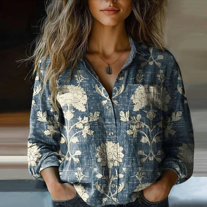 Damen Muster-Bluse Klassischer Kragen und Knopfleiste
