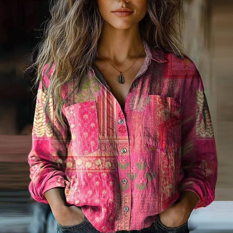 Damen Muster-Bluse Klassischer Kragen und Knopfleiste