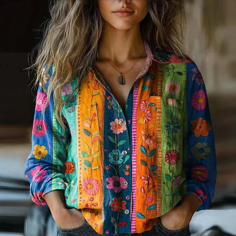 Damen Muster-Bluse Klassischer Kragen und Knopfleiste