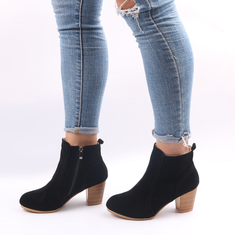 Botines clásicos de mujer - Tacón grueso y cremallera lateral