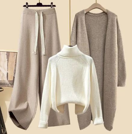 Conjunto de punto de 3 piezas para mujer - Suéter de cuello alto, pantalones anchos y cárdigan largo