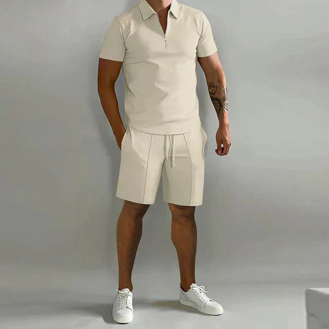 Herren-Poloshirt-Set – Oberteil mit Viertelreißverschluss & Passende Shorts