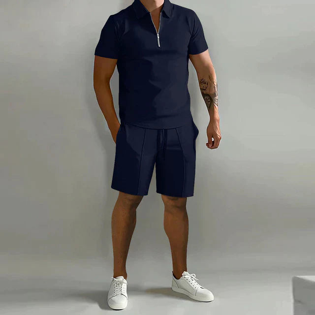 Herren-Poloshirt-Set – Oberteil mit Viertelreißverschluss & Passende Shorts