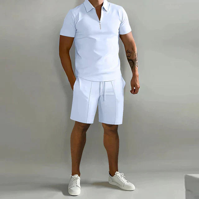Herren-Poloshirt-Set – Oberteil mit Viertelreißverschluss & Passende Shorts
