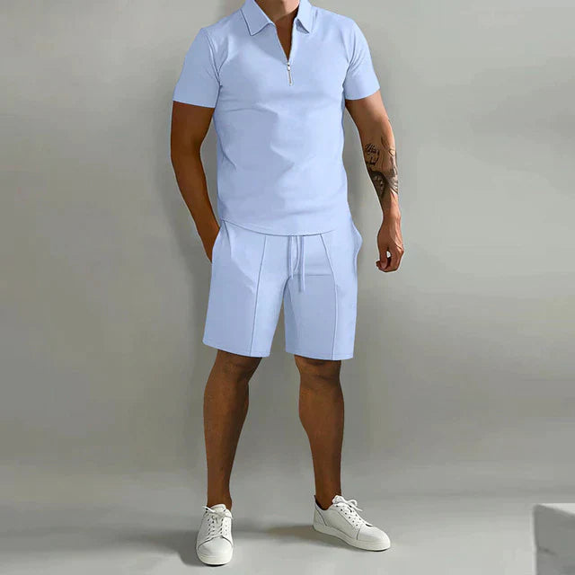 Herren-Poloshirt-Set – Oberteil mit Viertelreißverschluss & Passende Shorts
