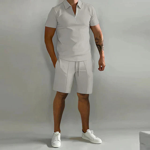 Herren-Poloshirt-Set – Oberteil mit Viertelreißverschluss & Passende Shorts
