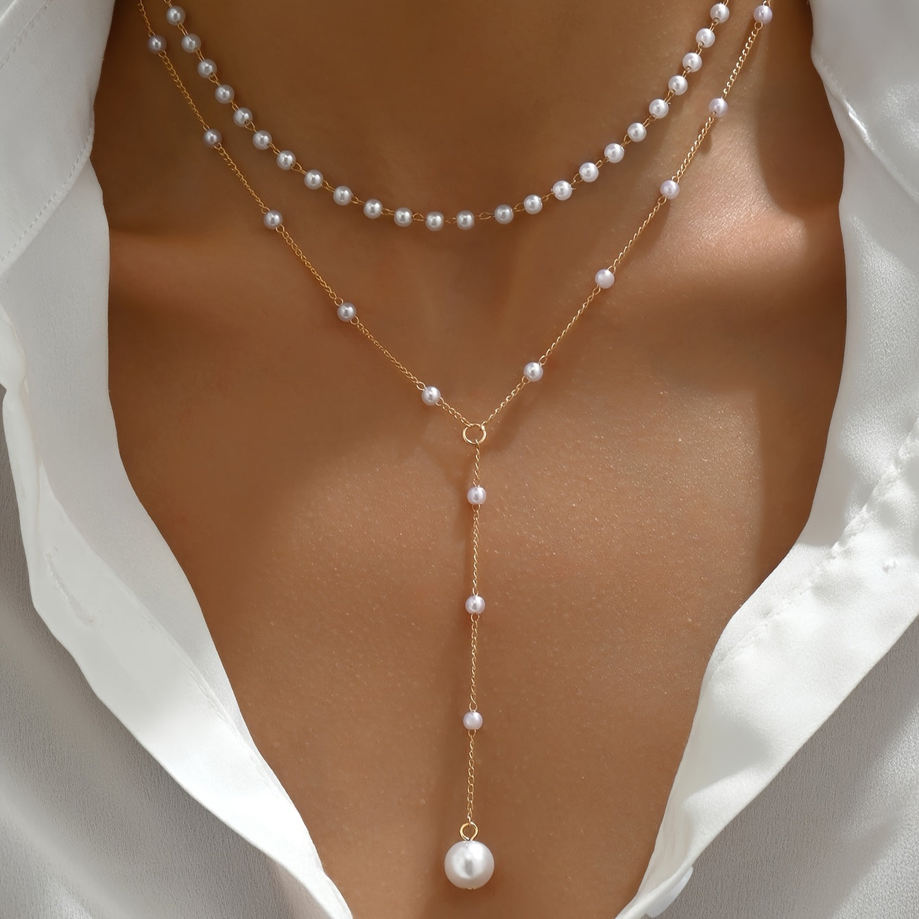Women's Y-chain Necklace - Layered with Pearls