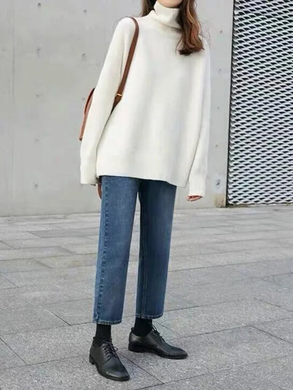 Suéter de punto para mujer - Cuello alto con corte extragrande