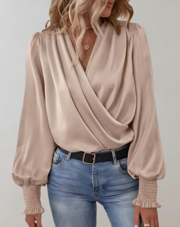 Damen V-Ausschnitt Wickelbluse - Fließend mit gerafften Ärmeln Top