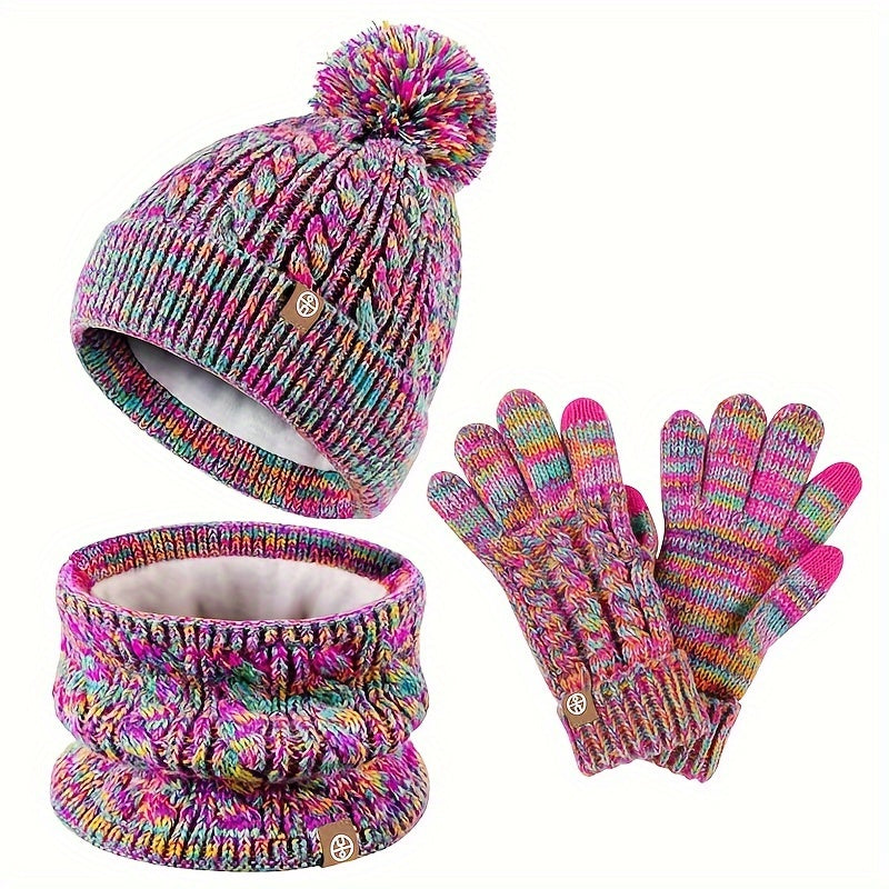 Dames 3-delig winterset-accessoire - gevlochten gebreide muts, sjaal & handschoenen