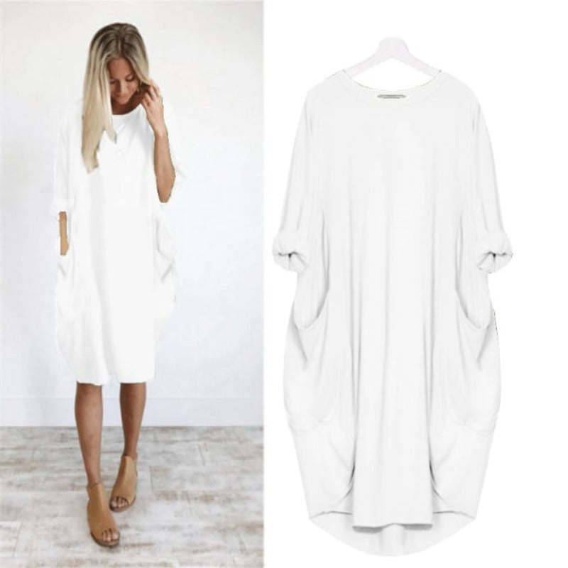 Women’s Oversized Midi Dress - Round Neck with Side Pockets