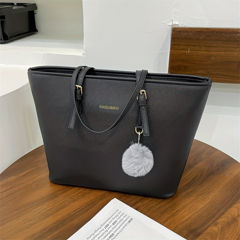 Damen Schwarze Tote Bag - Mit oberem Griff & Pompom-Anhänger