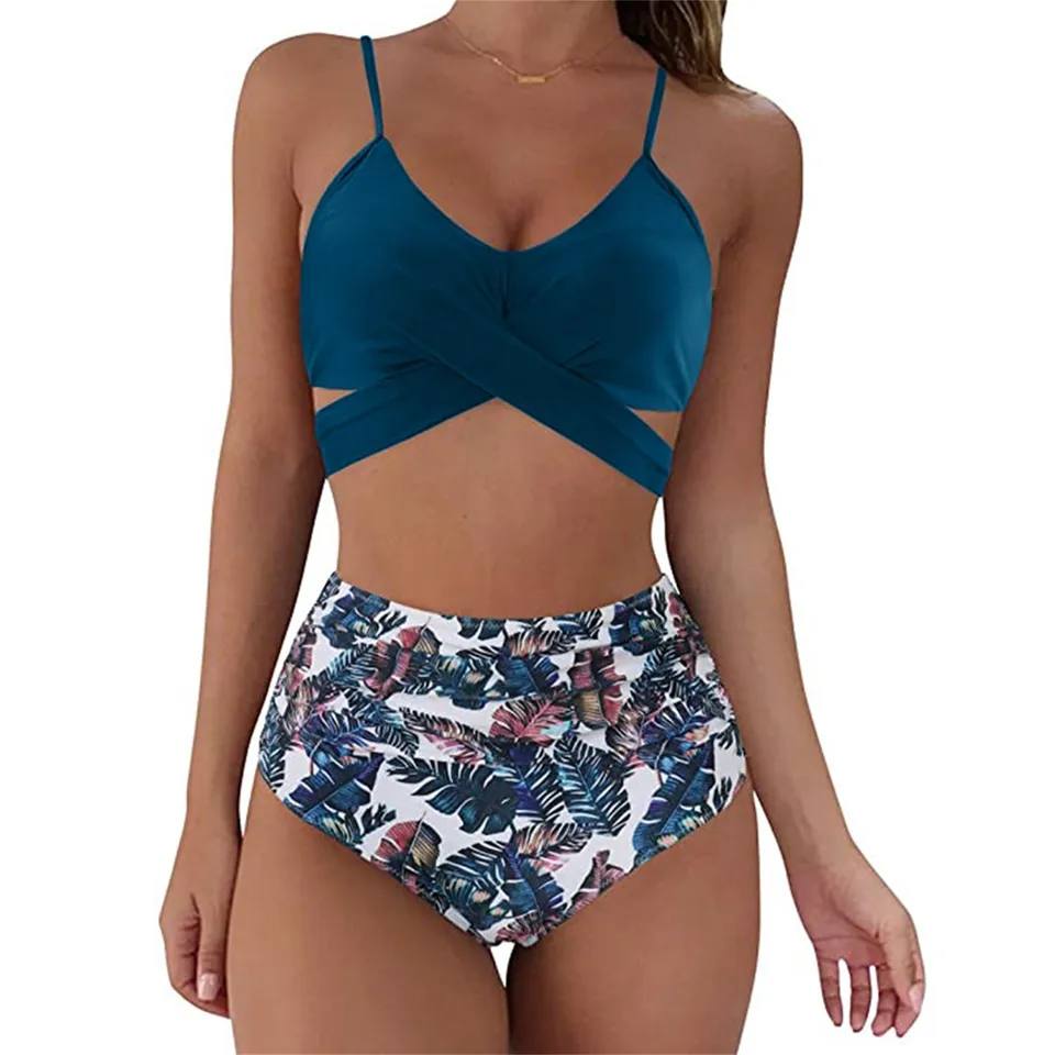 Damen 2-teiliger Bikini - Spaghetti-Träger-Top mit High-Waist-Hose