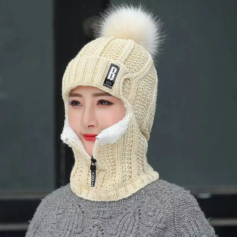 Women's Winter Balaclava Beanie - Knitted Hat with Zipper and Pom Pom