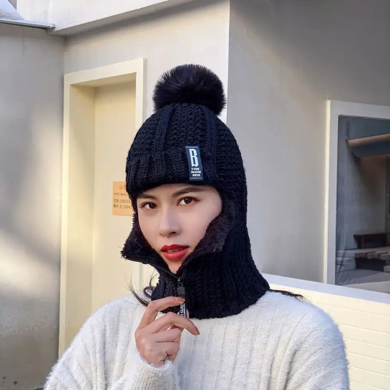 Women's Winter Balaclava Beanie - Knitted Hat with Zipper and Pom Pom