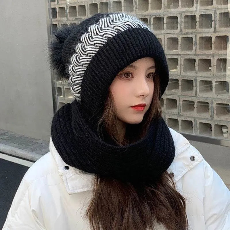 Women's knitted hat with attached scarf - winter pompom balaclava