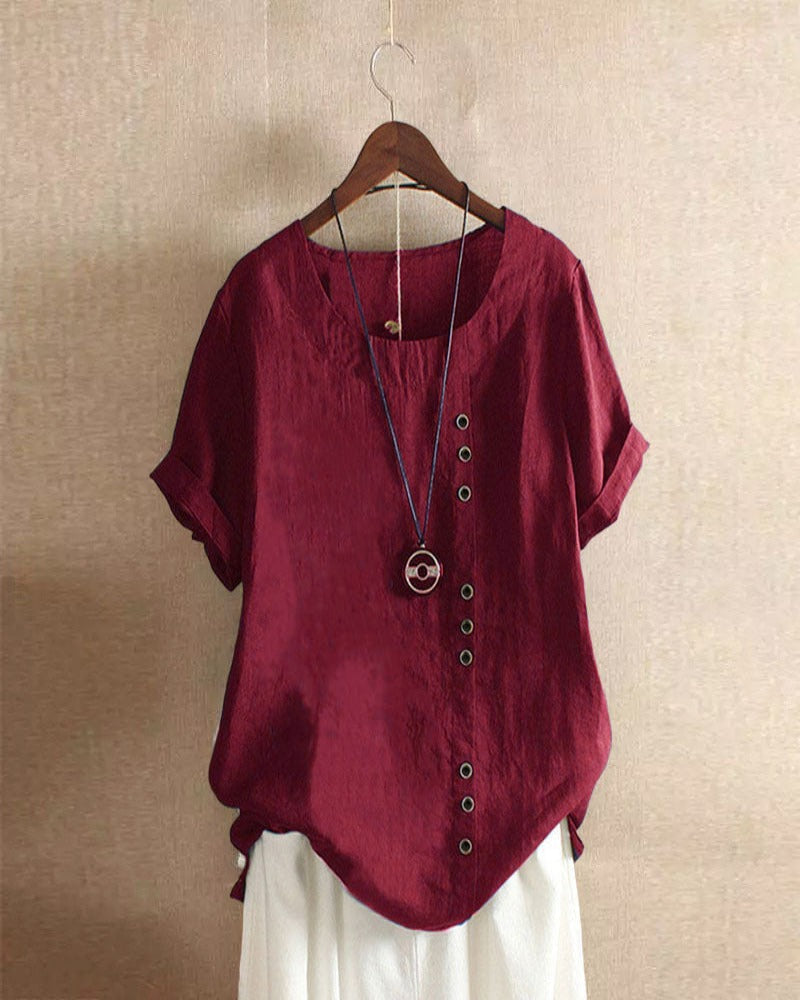 Women’s Linen Blouse - Round Neck with Cuffed Sleeves