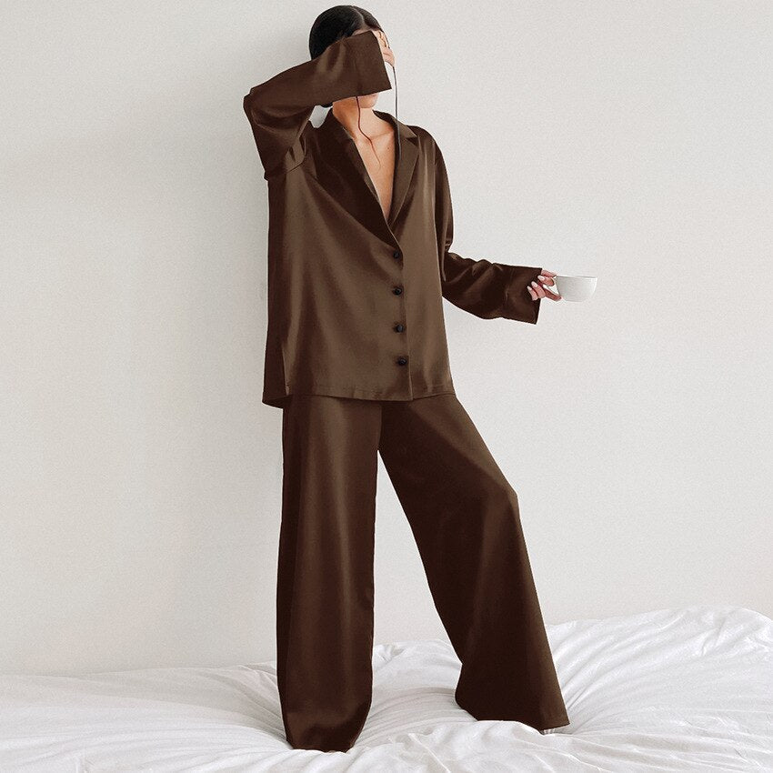Dames 2-delig pyjama-set - knoopsluiting & wijde broek