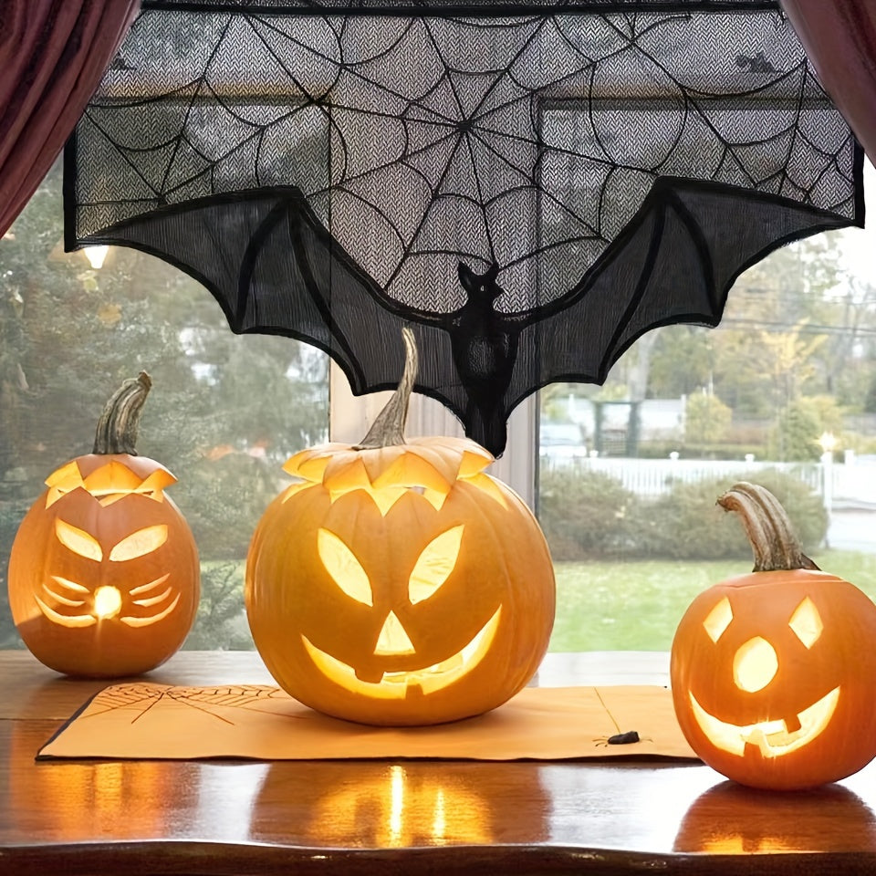 Schwarz Halloween Fledermaus Spinnennetz Gardine - Wiederverwendbar für Fenster