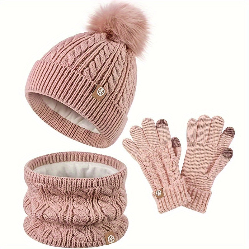 Damen 3-teiliges Winter-Set-Accessoire - Zopfstrickmütze, Schal & Handschuhe
