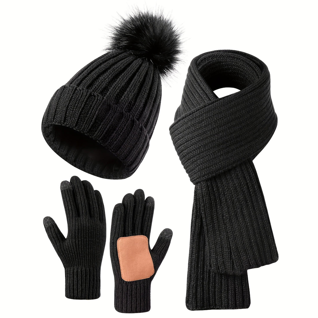 Damen 3-teiliges Gestricktes Accessoire-Set - Palmhandschuhe, Rippenstrick-Schal & Mütze