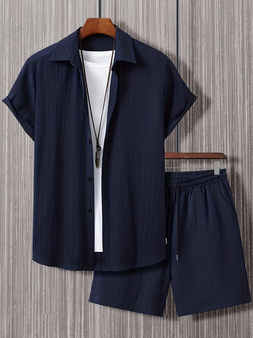 Herren Marineblaues Hemd- & Shorts-Set mit Knöpfen – Luftig und bequem für den Sommer