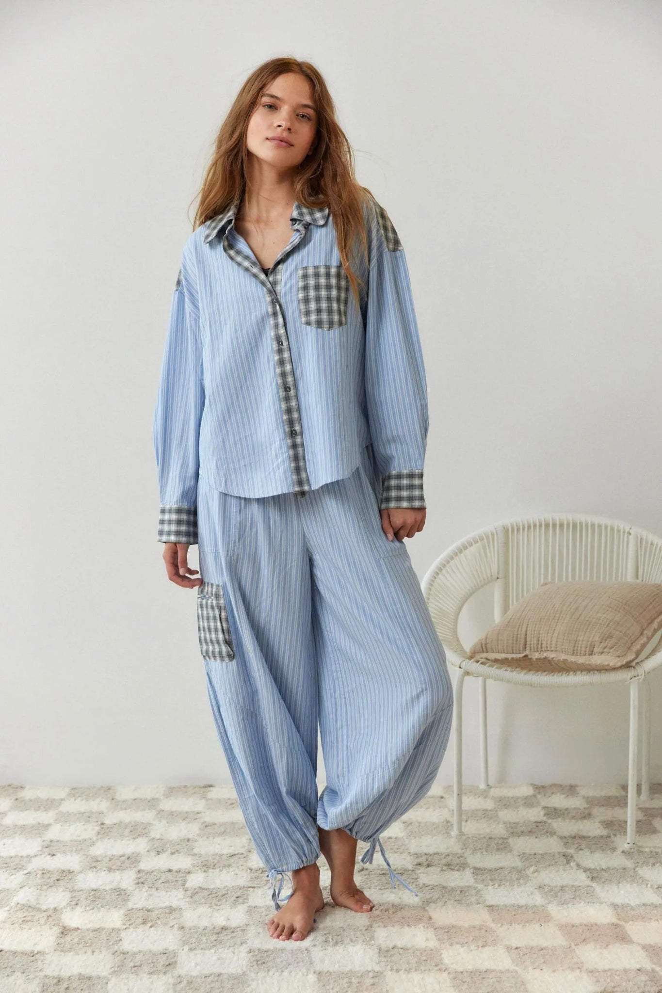 Dam Randigt Pyjamaset med Rutmönster - Skjorta & Byxor