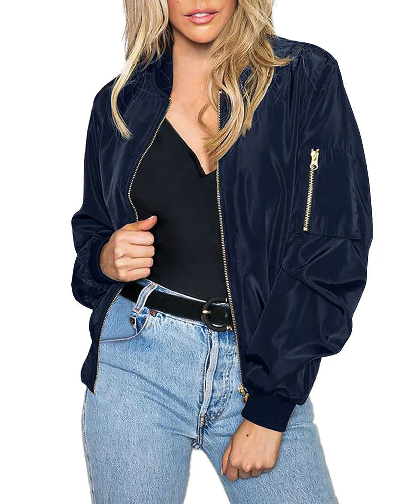 Women's Lightweight Bomber Jacket - Zipper & Sleeve Pocket