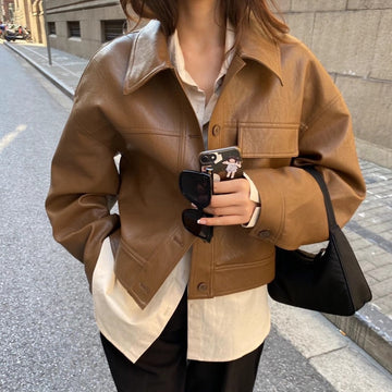 Women's Brown Jacket With Buttons - Cropped Fit With Pockets
