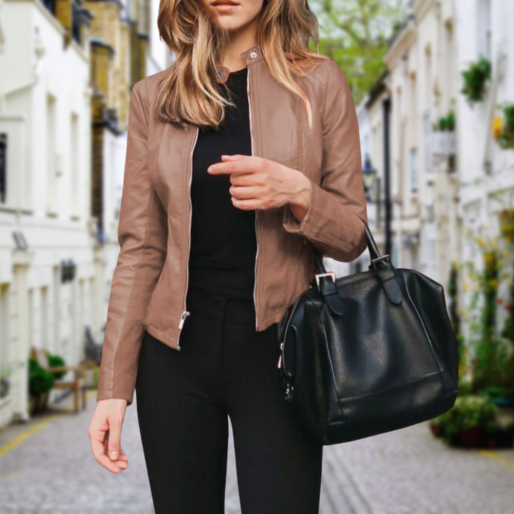 Women's Biker-Style Jacket - Stand Collar & Zipper