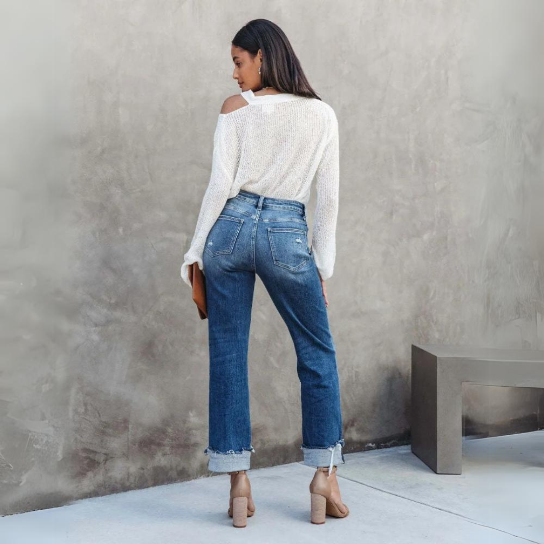 Damen Blaue Jeans mit Weitem Bein - Hohe Taille & Knöchelhose