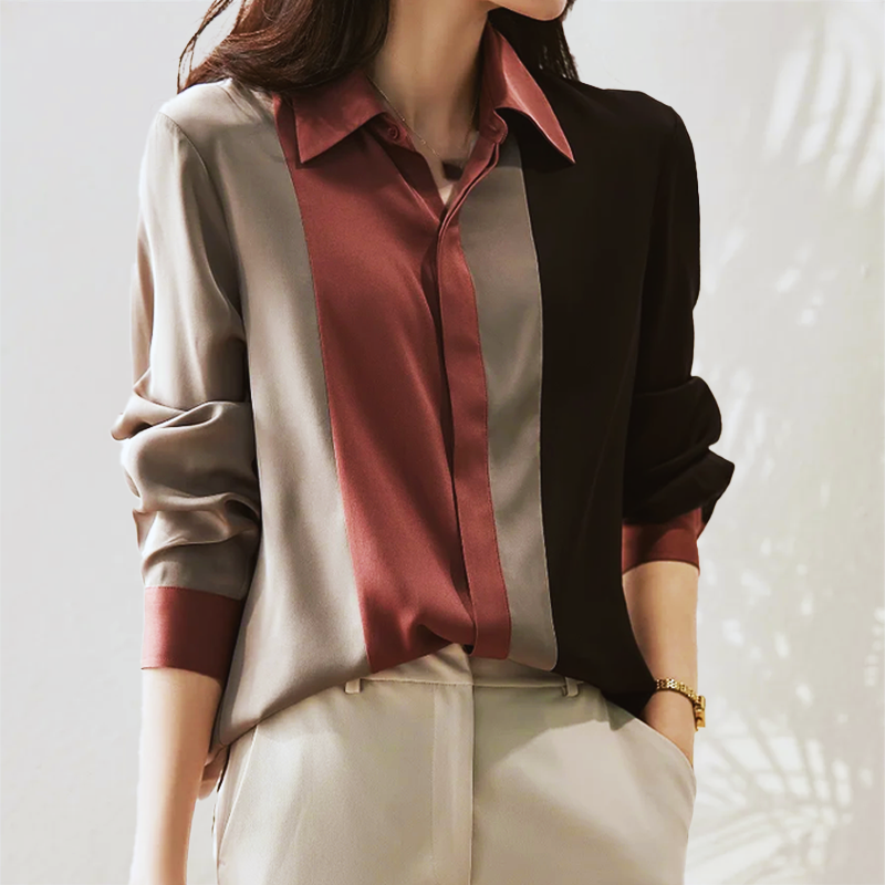 Damen Satinbluse - Color-Block Lässige Passform
