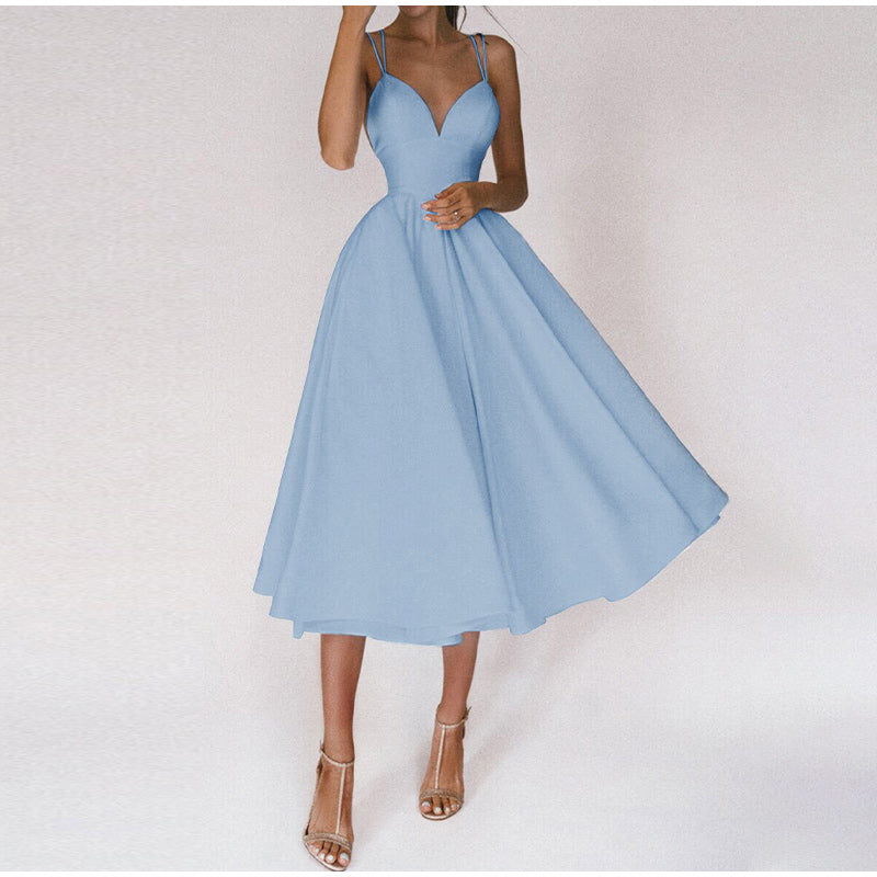 Women's A-line Midi Wedding Guest Dress Deep V-neck and Flared Skirt
