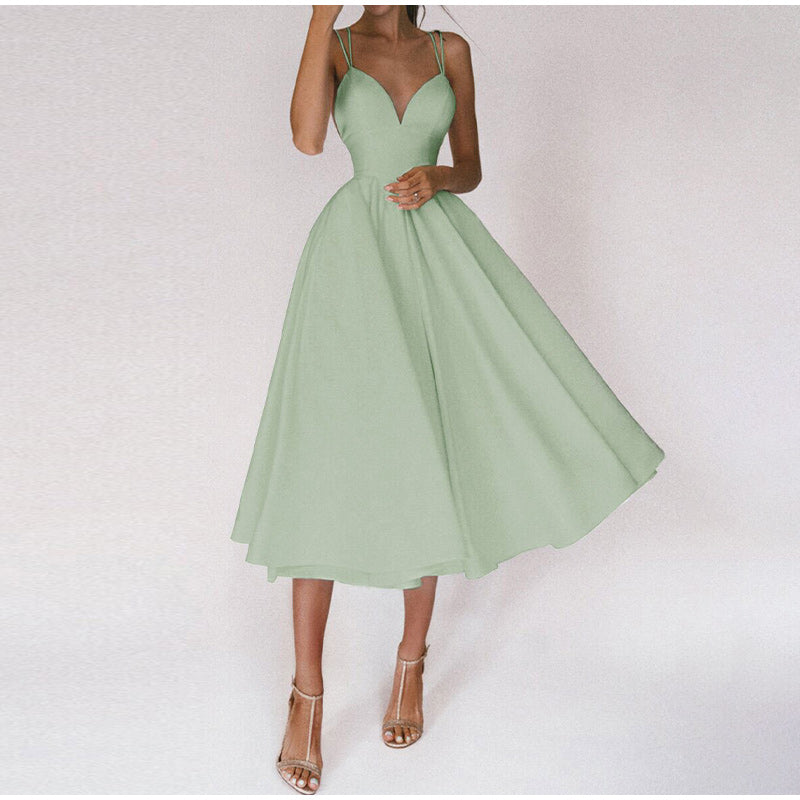 Women's A-line Midi Wedding Guest Dress Deep V-neck and Flared Skirt