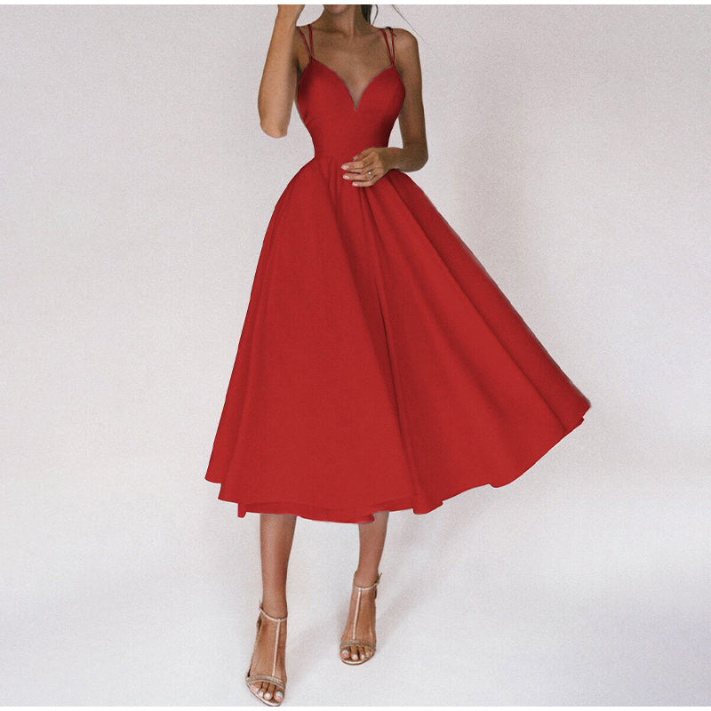 Women's A-line Midi Wedding Guest Dress Deep V-neck and Flared Skirt