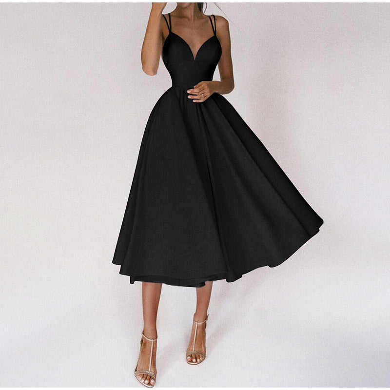 Women's A-line Midi Wedding Guest Dress Deep V-neck and Flared Skirt