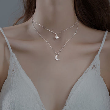 Dam silver dubbellager halsband - måne & stjärn-berlock